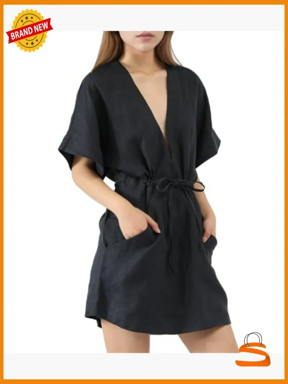 100% Linen Sleeveless V Neck Beach Cover Up Lounge Dress Robe